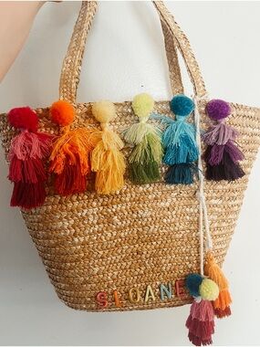 boho woven straw tote bag, rainbow-colored pom-pom and tassel charms “SLOANE”